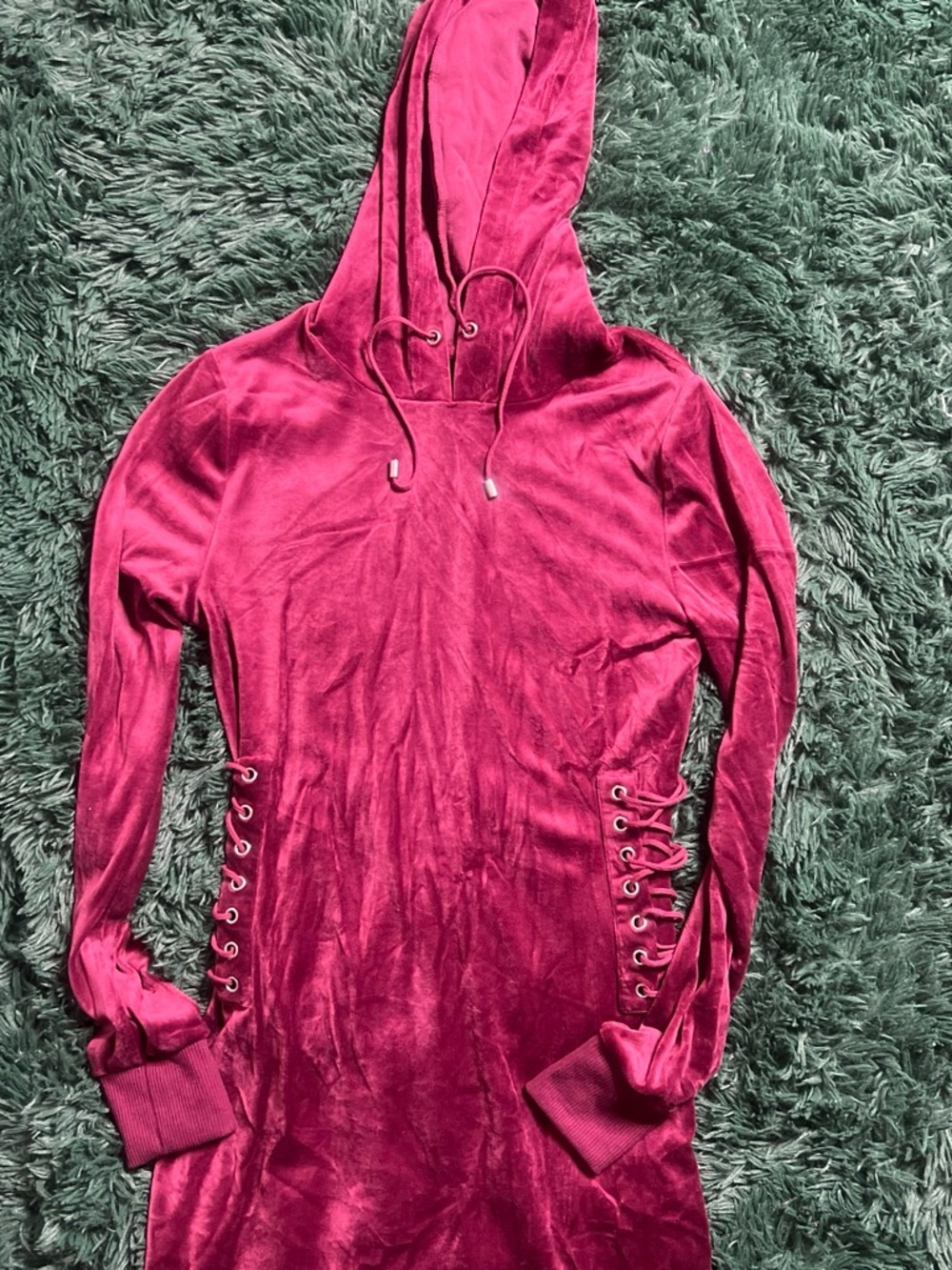 Velvet Lace-Up Hooded Long-Sleeve Dress in Deep Berry